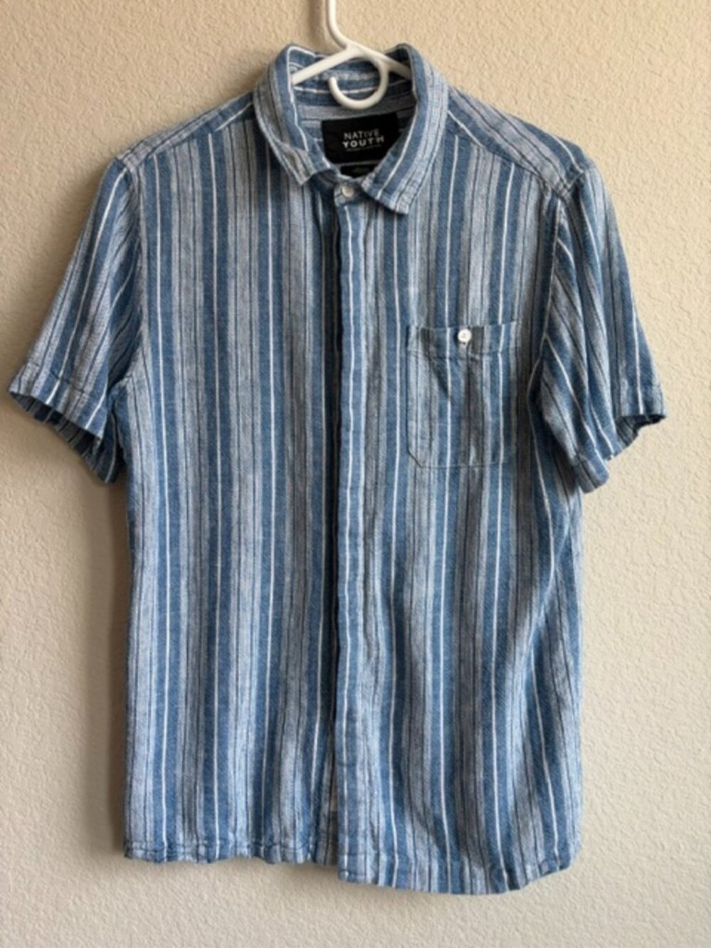 Native Youth Men's Blue & White Striped Linen Blend Top Size Medium Boho Beach